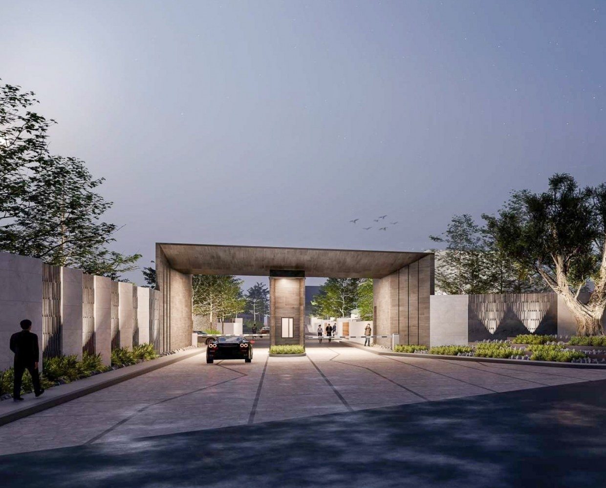 Clover III Luxe zone — community entrance at dusk
